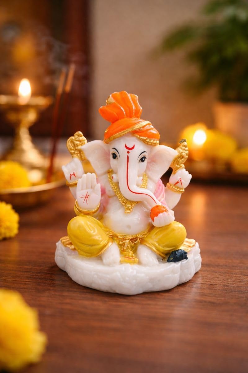 Emagnet Traditional Hand Painted Lord Ganesha Idol in Marble Dust – Premium Multicolour Idol | Small Ganpati Murti for Car Dashboard, Desk, Pooja & Decor (Multicolour in Orange pagdi)