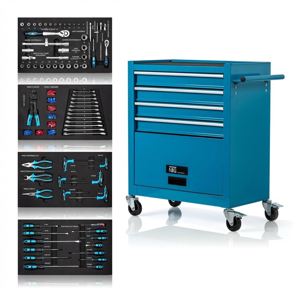 NTG Chariot d'atelier avec Outils 70 pièces - 4 tiroirs + Grand Compartiment - tiroirs sur roulements à Billes - sécurité de Transport - 2 roulettes avec Frein de stationnement - Chariot à Outils
