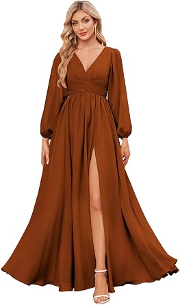 Womens Long Sleeve Bridesmaid Dresses with Slit V Neck Chiffon Ruched Formal Wedding Guest Party Dresses