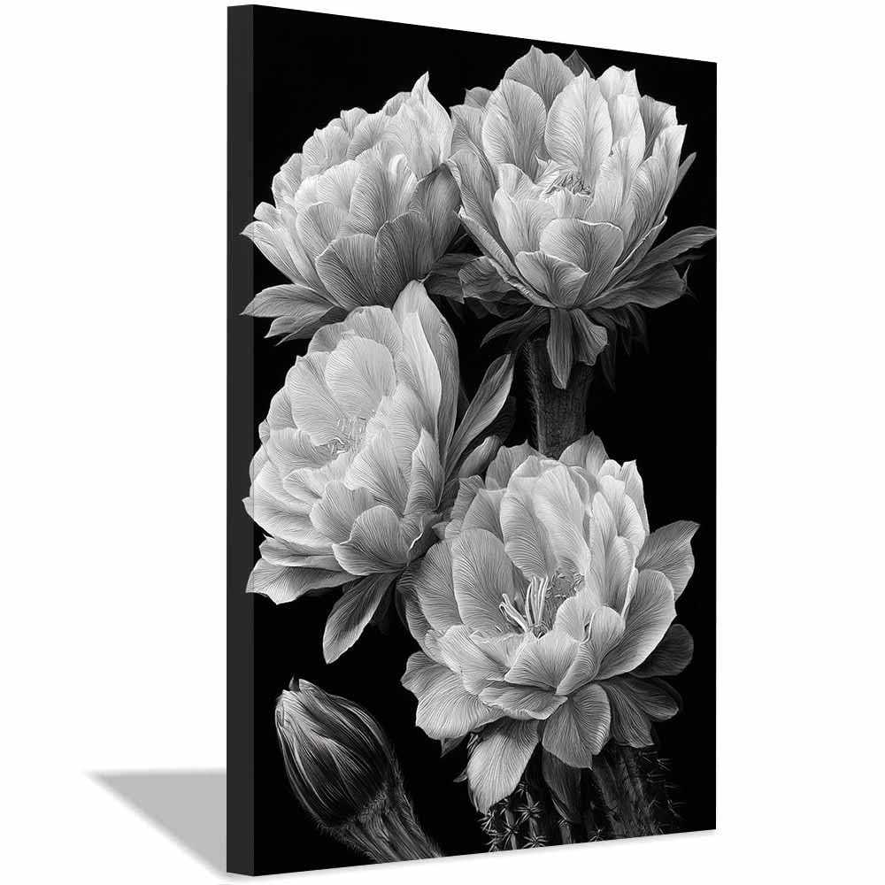 HOQIU Black And White Canvas Wall Art Monochrome Cactus Flowers canvas wall art, decorative paintings, for Bedroom Living Room Bathroom Office Home Decoration(Multicolor)-40x60cm Framed