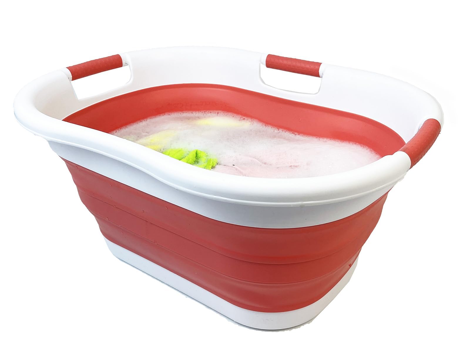 SAMMART Cesto portabiancheria pieghevole in plastica, 40 l, contenitore pieghevole, vasca portatile salvaspazio (1, bianco/rosa corallo)