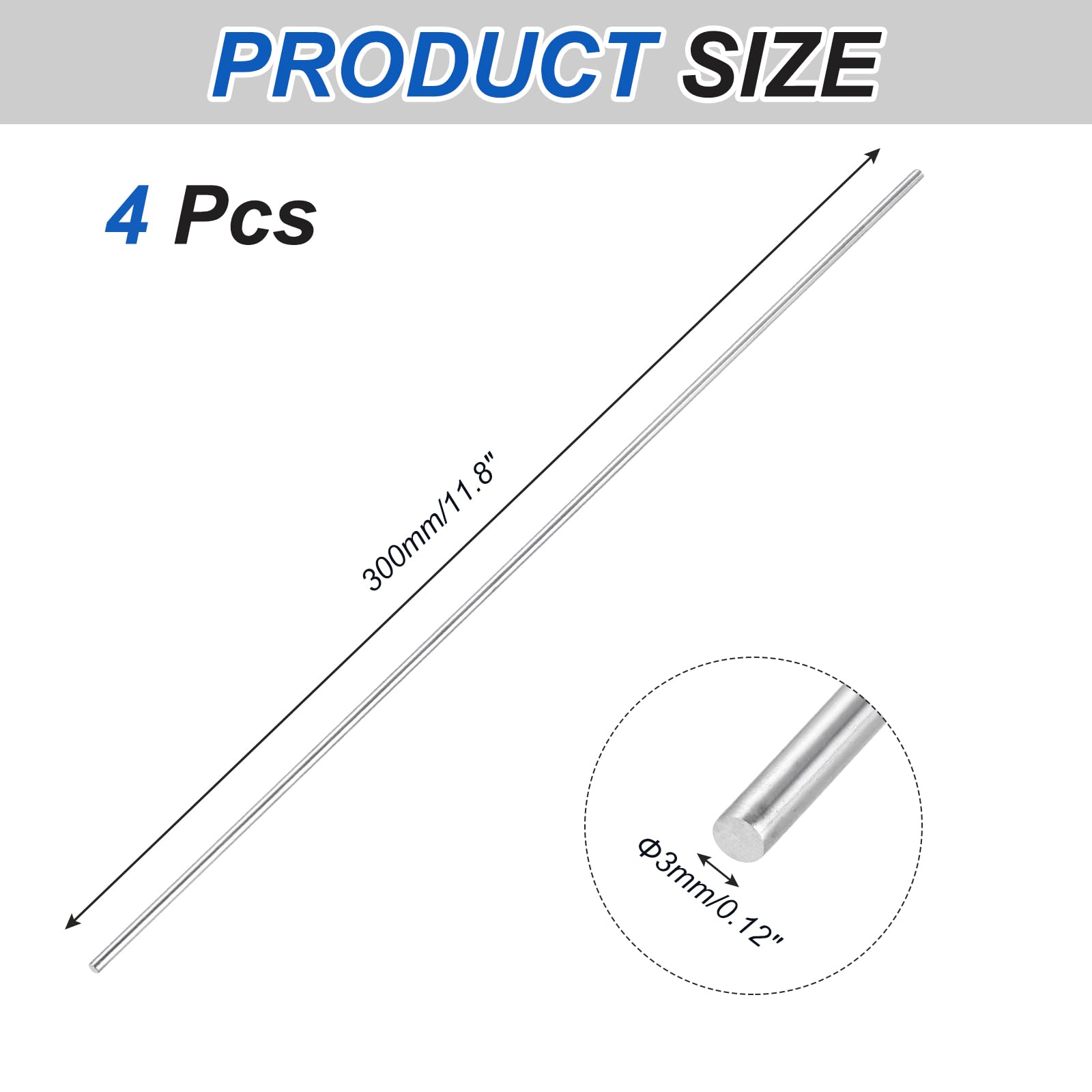 QUARKZMAN 4Pcs 316 Acciaio Inossidabile Asta Rotonda 1/8" x 11.8" 3mm x 300mm Barre Metallo Solido Resistente Alla Corrosione