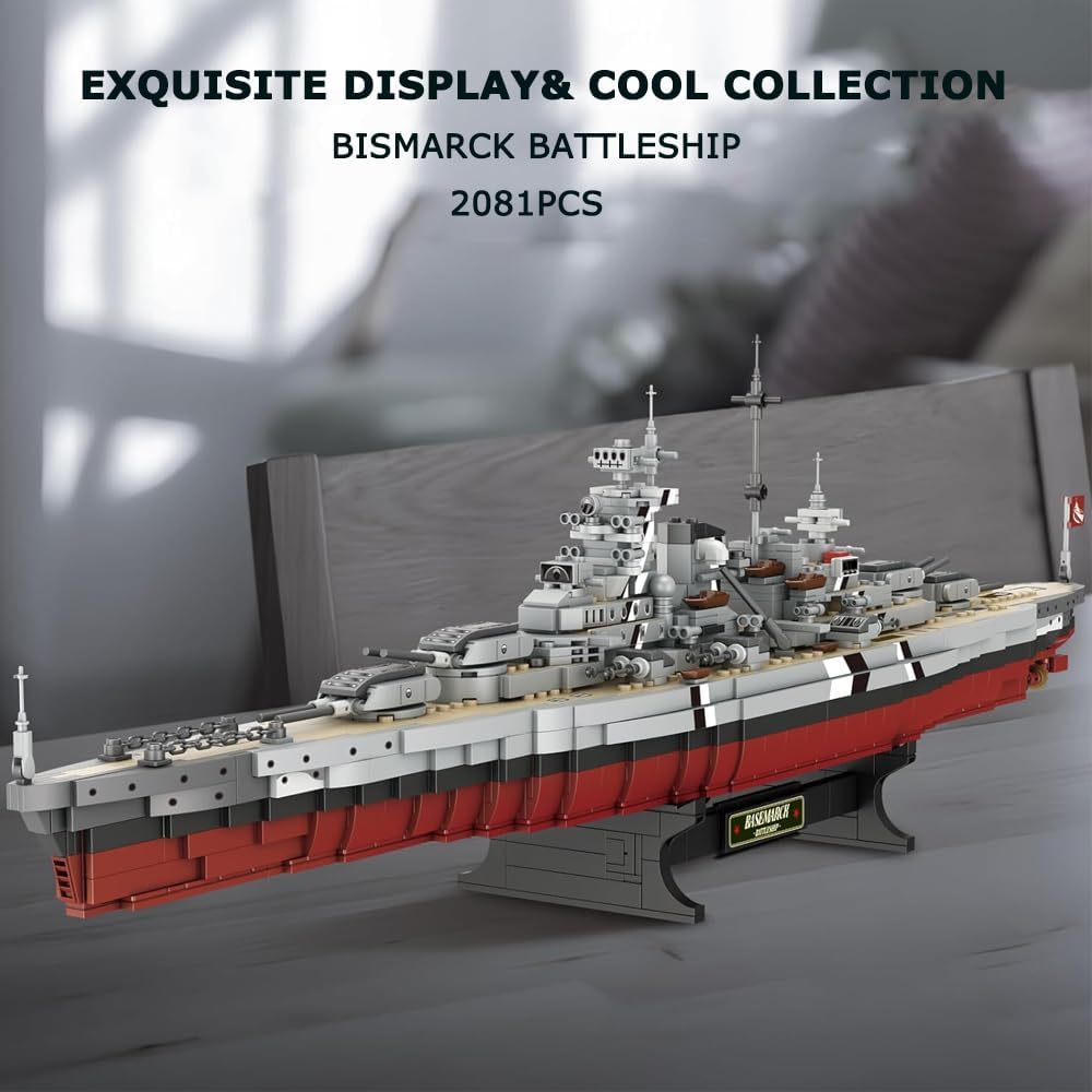 Fucellveca Building Blocks Battleship Toy Set, Classic Bismarck Warship Model Kit for Teenagers and Adults (2081 Pieces)
