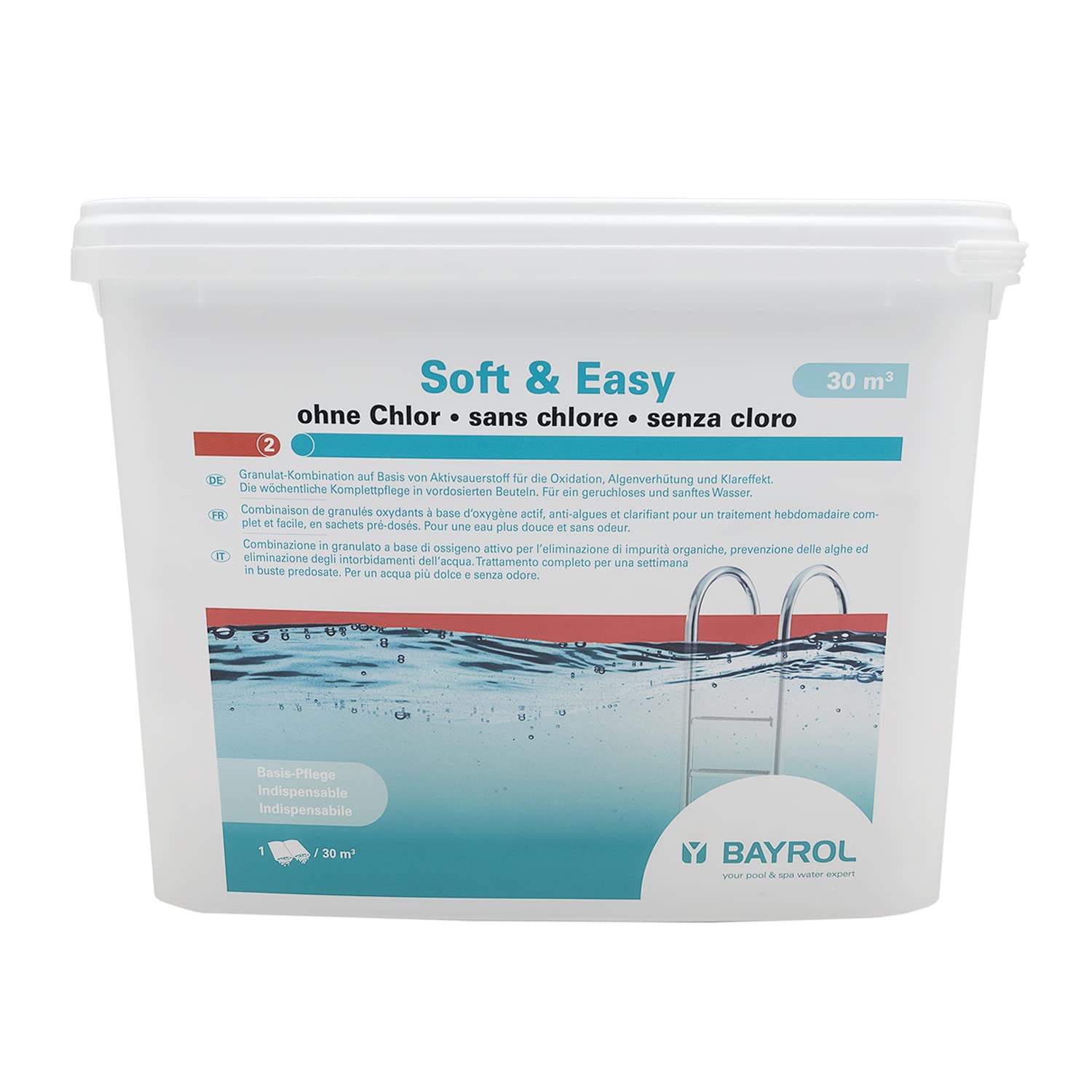 BAYROL Soft & Easy 30m3 (12 sachets) - 5,04kg | Oxygène Actif Multiaction - Désinfection Régulière Multifonction sans Chlore - Sachets pré-dosés + 10 Tests HPS OFFERTS 6 en 1