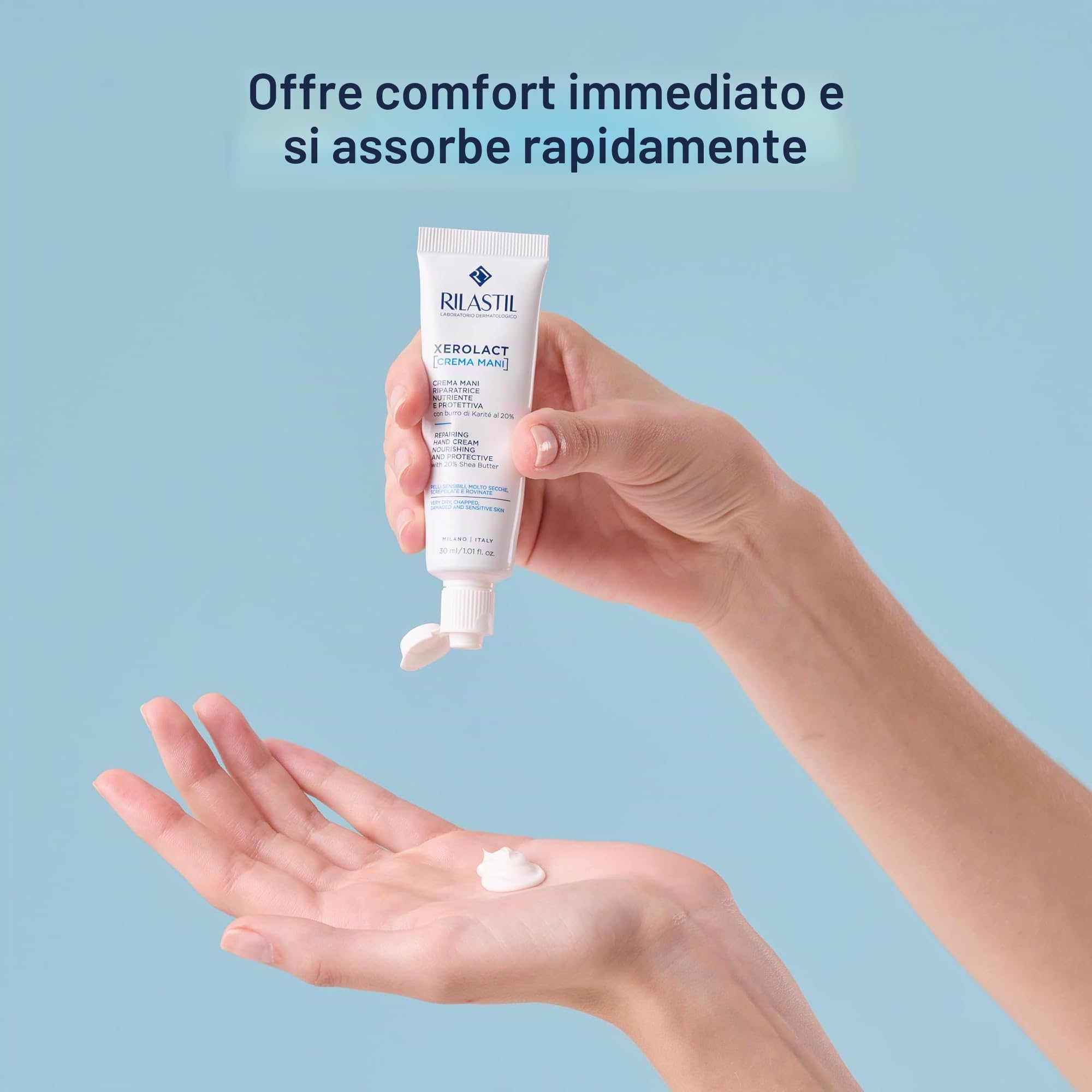 Rilastil Xerolact Crema Mani Riparatrice, Trattamento Restitutivo, Nutriente e Protettiva con Burro di Karité per Pelli Sensibili, Molto Secche, Confezione da 100ml