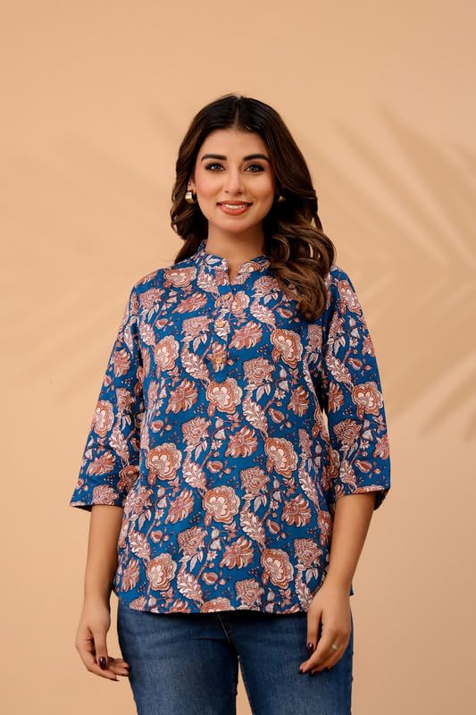Image of Women's Cotton Printed Kurta Top | 3 /4 Sleeve Straight Kurti Casual Outings