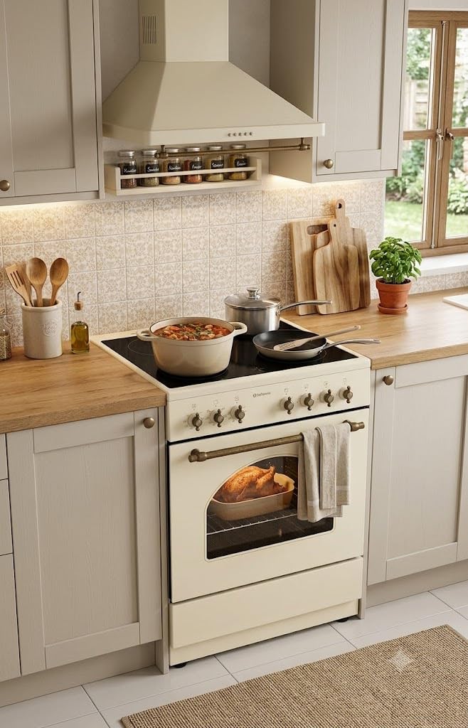 COCINA VITROCERÁMICA CREMA XL CON HORNO ELECTRICO 60 CM ANCHO SOLTHERMIC CREMA RÚSTICA ACABADOS DORADOS/, 4 FUEGOS/HORNO ELECTRICO