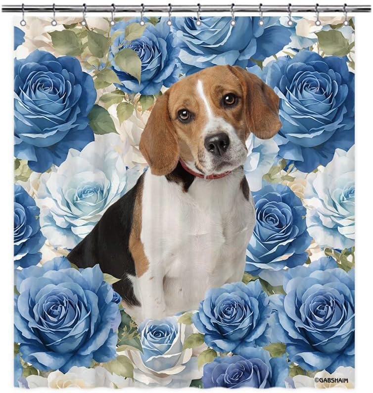 Australian Shepherd Blue Rose Floral Shower Curtain Funny Dog Puppy Flowers Bath Curtain Bathroom Home Decor with 12 Hooks 72x72 Inch