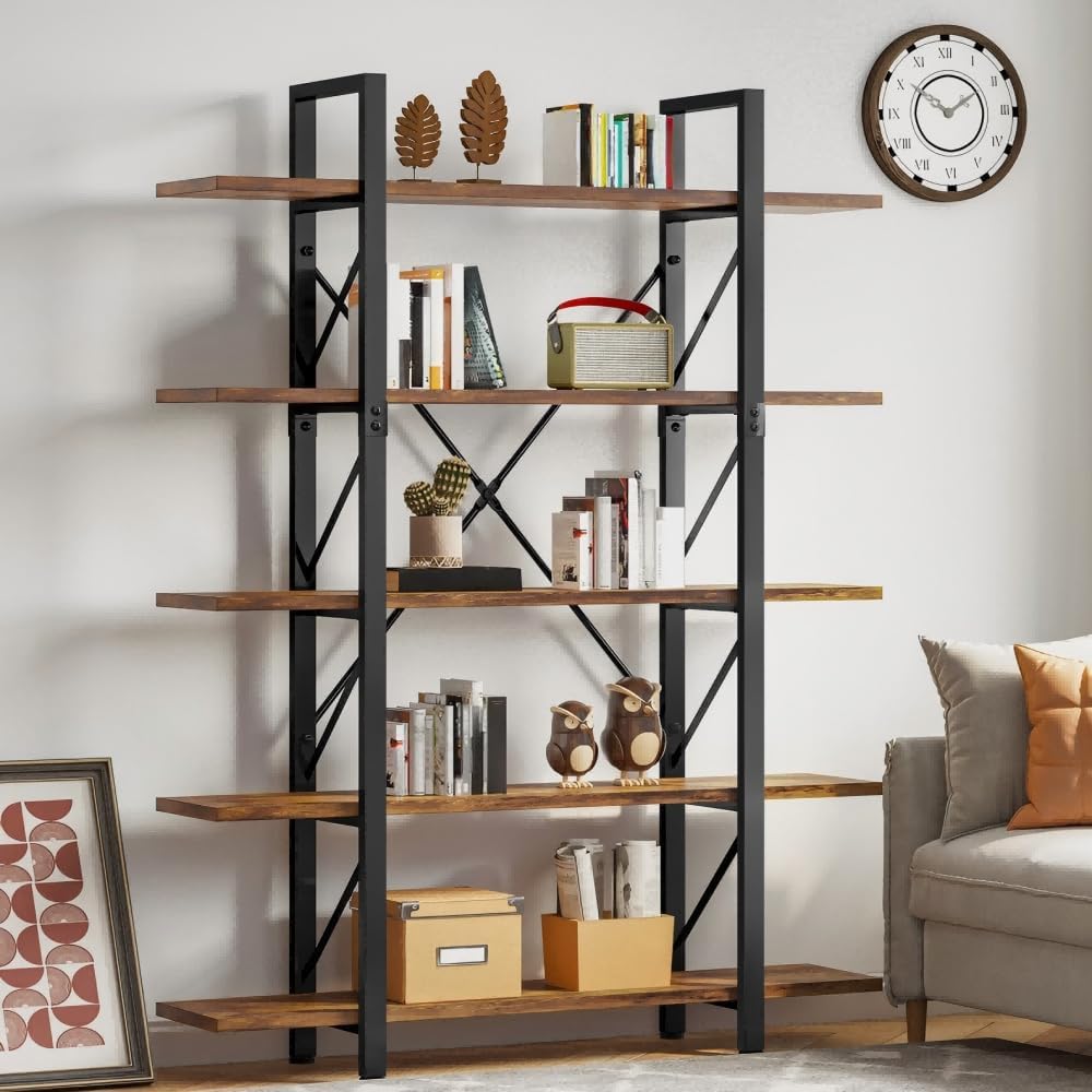 DWVO 5 Tier Bookshelf, 70.9" H Tall Bookcase Industrial Book Shelf Vintage Storage Organizer, Free Standing Storage Shelving Unit for Living Room, Bedroom, Home Office, Rustic Brown Rustic Brown Flat Shelf