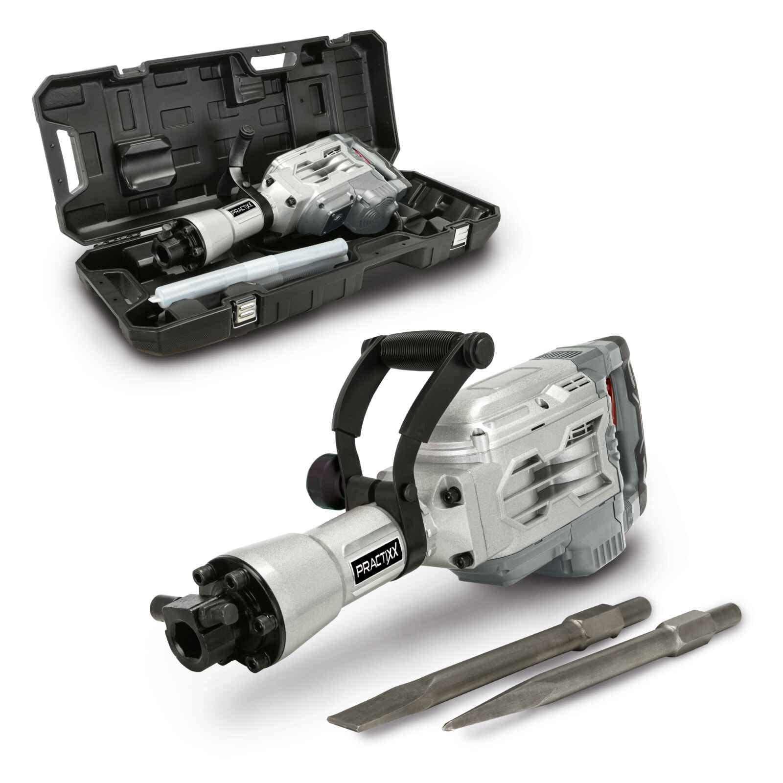 Practixx Marteau de démolition | Marteau piqueur PX-AB-55 | Puissance de frappe 55J | 1700W | 1900BPM | Admission SDS HEX | Softgrip | Burin pointu, burin plat de 410mm & coffret inclus