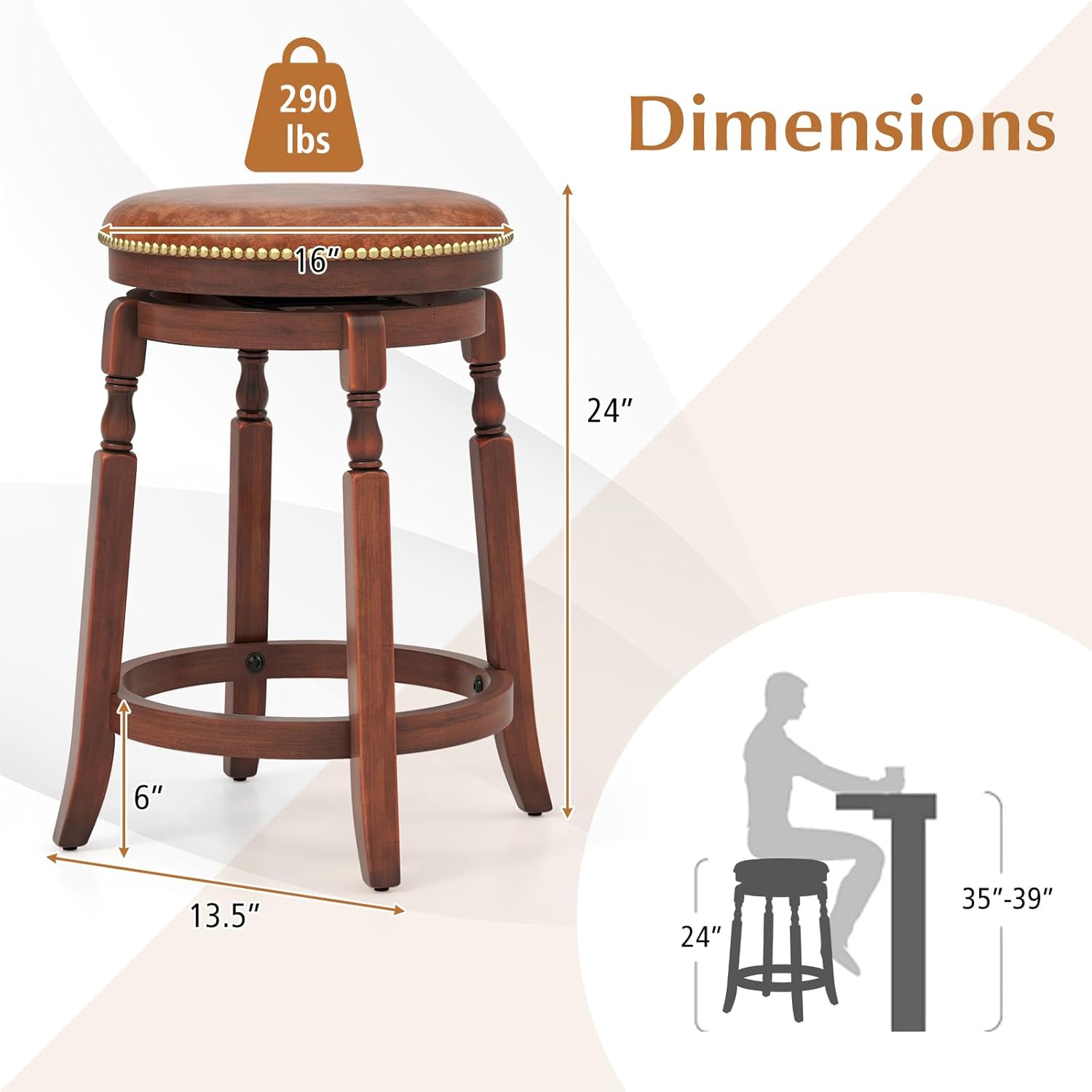 Giantex 24" Swivel Bar Stools Set of 4, Farmhouse Counter Height Stools with Upholstered Seat & Rubber Wood Frame, Round Backless Kitchen Stools, Barstools for Kitchen Island/Breakfast Nook, Walnut