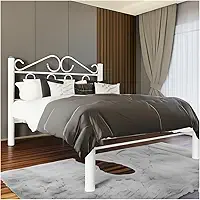 Cama Casal Ferro Com Cabeceira Branca E Estrado Em Pinus