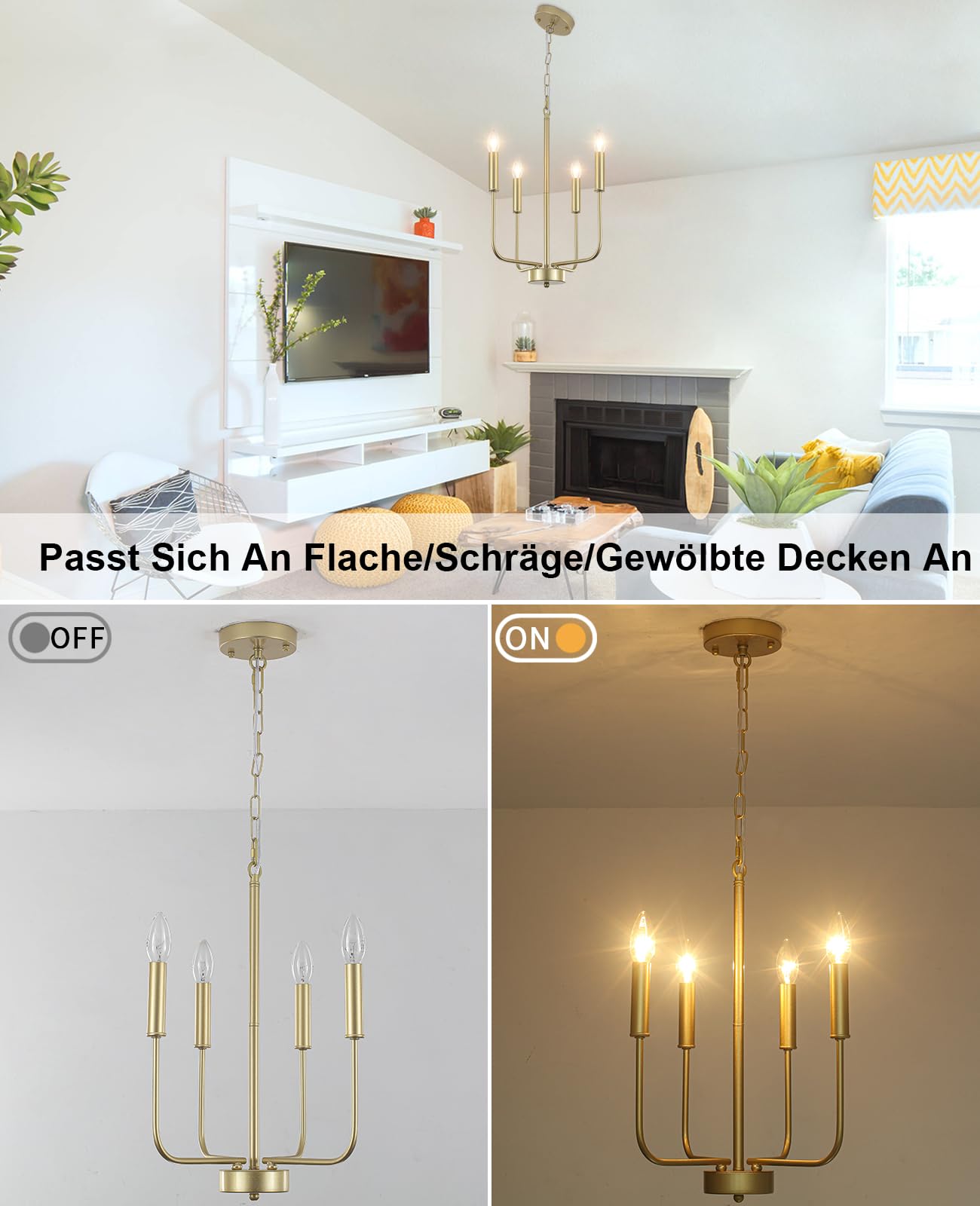 Kronleuchter Gold 4 Flamming Kronleuchter Modern Deckenleuchte Wohnzimmer | Deckenleuchte Kronleuchter Vinatge Pendelleuchte Modern Hängeleuchte für Esstisch Küche Schlafzimmer, Höhenverstellung, E14