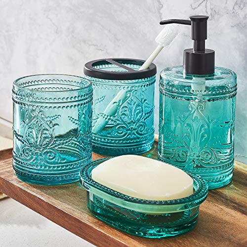 4Pcs Teal Blue Glass Bathroom Accessories Set With Decorative Pressed Pattern - Includes Hand Soap Dispenser & Tumbler & Soap Dish & Toothbrush Holder (Teal Blue) #TOP2