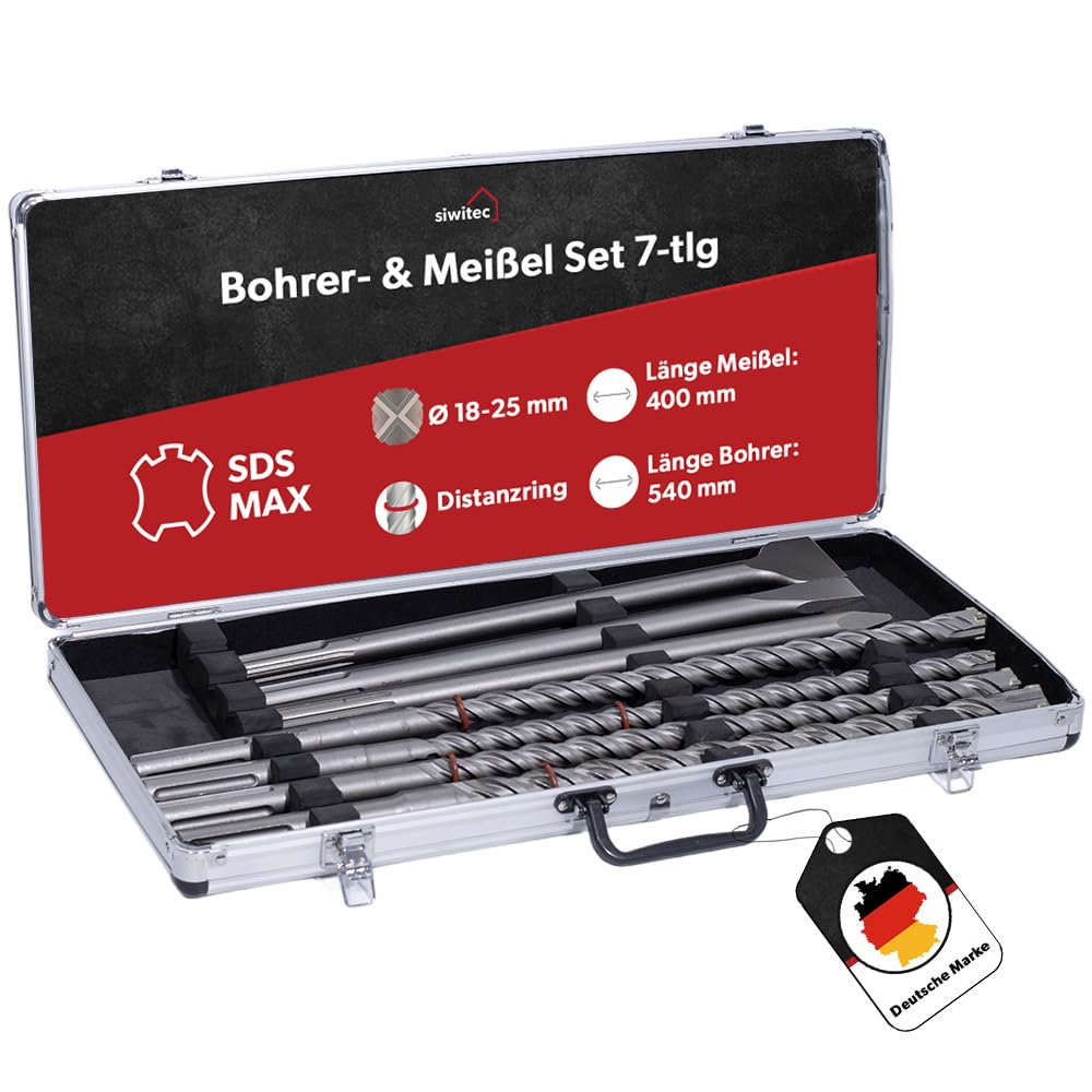 siwitec SDS MAX Bohrer- & Meißelset 7-teilig im Alu Case, 4 SDS Max Betonbohrer mit Distanzringen in verschiedenen Durchmessern, Spitzmeißel, Flachmeißel, Breitmeißel