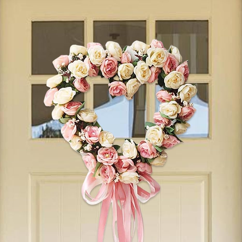JOYWU Heart Shaped Rose Wreath,35cm Valentine’s Day Floral Wreaths with Ribbons,Artificial Rose Flowers Wreaths,Heart-Shaped Wreath for Front Door,Valentine’s Day Wedding Decoration (Pink)