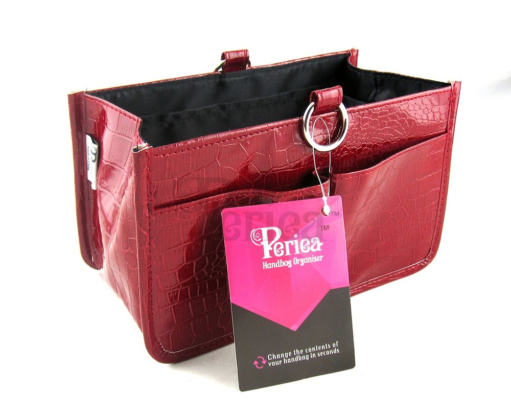 Periea Claire Luxury Crocodile Effect Faux Leather Handbag Organiser Insert- ideal for Most Medium Sized Handbags– 10 Pockets & 5 Double Card Slots (Red)