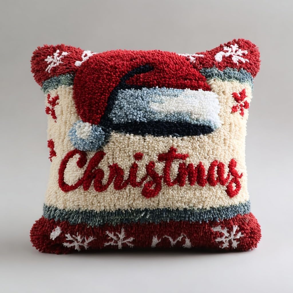 Latch Hook Pillow Kit Letter Christmas Wear Christmas Hat Printed Pillow Cover DIY Crochet Yarn Hooking Pillowcase for Hobby and Home Decor 43x43cm-4