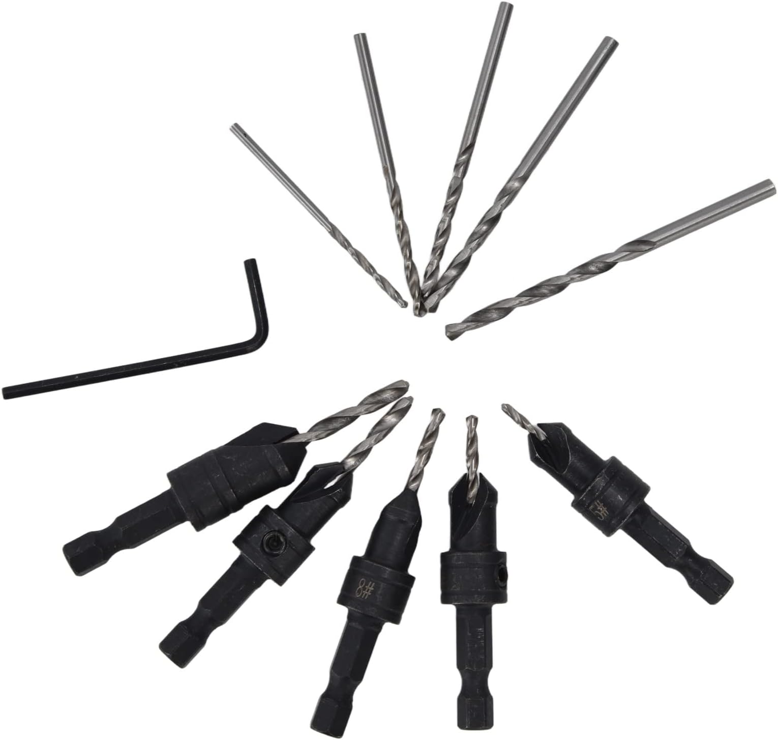 Woodworking Fast Change Countersink Drill Bit Set 11Pcs High Durability Good Wear 5-Piece Hex Shank 1/4in for Various Materials