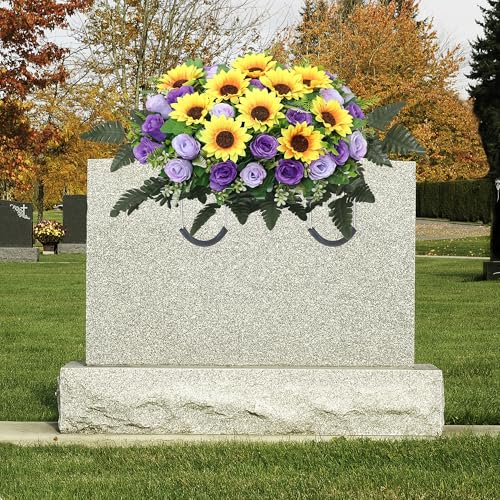 Lodou Artificial Cemetery Flowers Saddle-Shaped Tombstone Decorations,Large Headstone Flower Saddle,Rose Sunflower Memorial Flowers (Purple) image 1