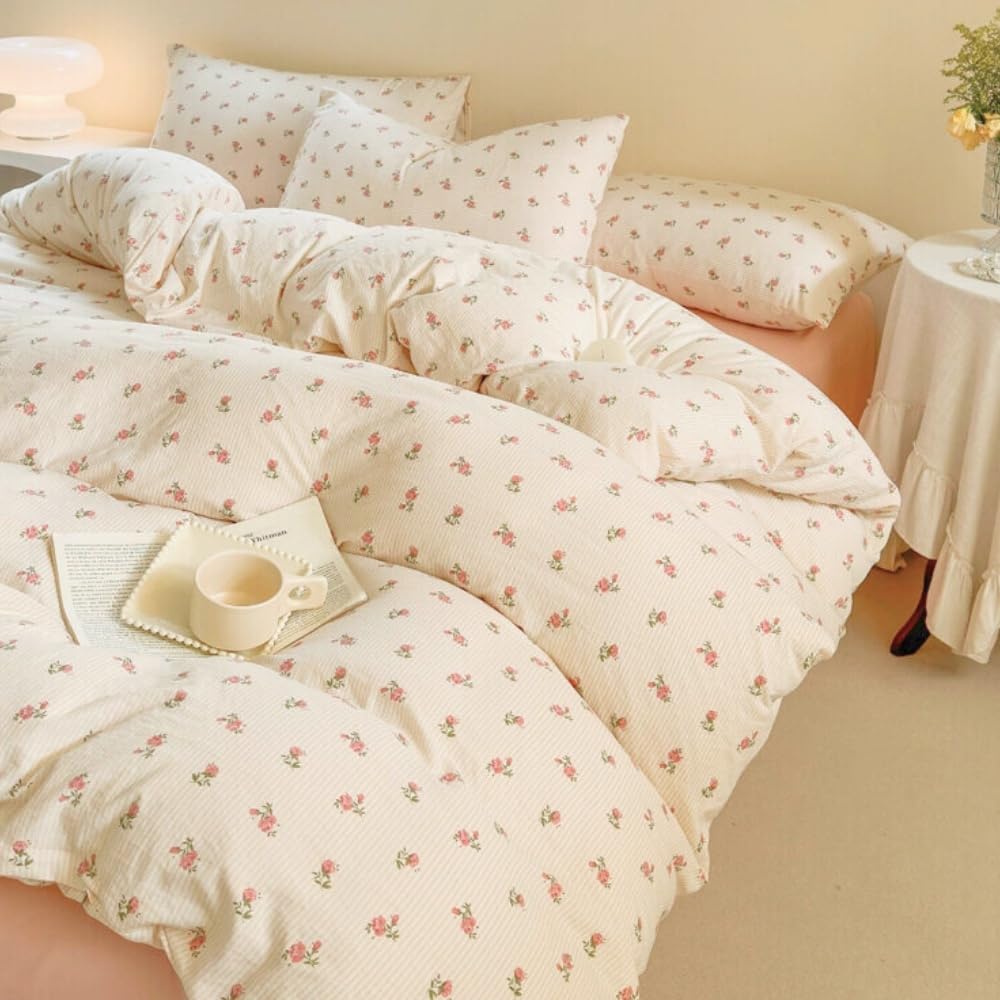 Michorinee Single Duvet Cover Set Pink Rose Stripe Pattern Romantic Floral Girls Flower Beige Bedding Set including Zipper Closure Soft Washed Microfibre Aesthetic Quilt Cover with 1 Pillowcase 50x75 cm - Image 4