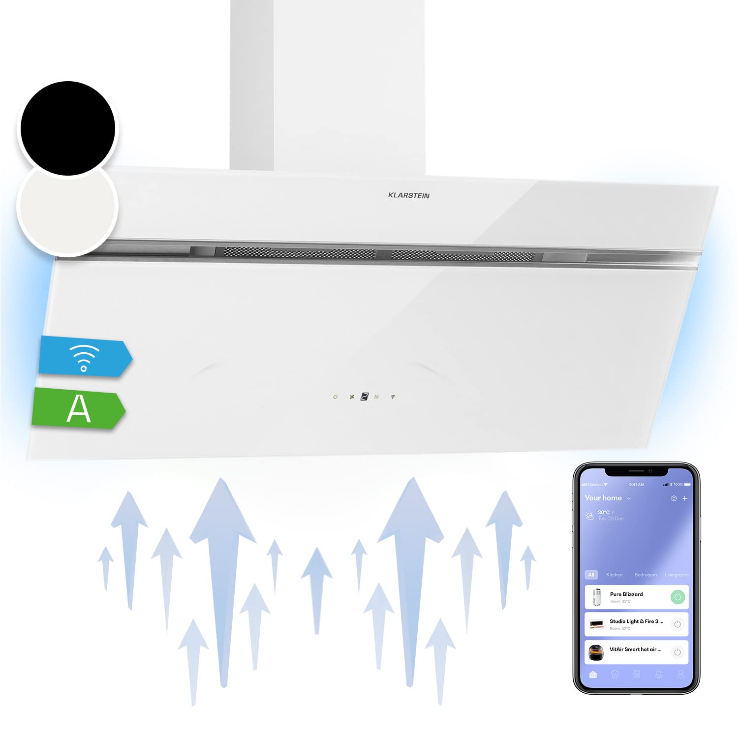 KLARSTEIN Alina Cooker Hood - 90cm Smart Control, 615 m³/h Airflow, A Energy Efficiency, LED Lighting, Quiet 54 dB, Black, Ducted & Recirculating, Includes Carbon Filters, White