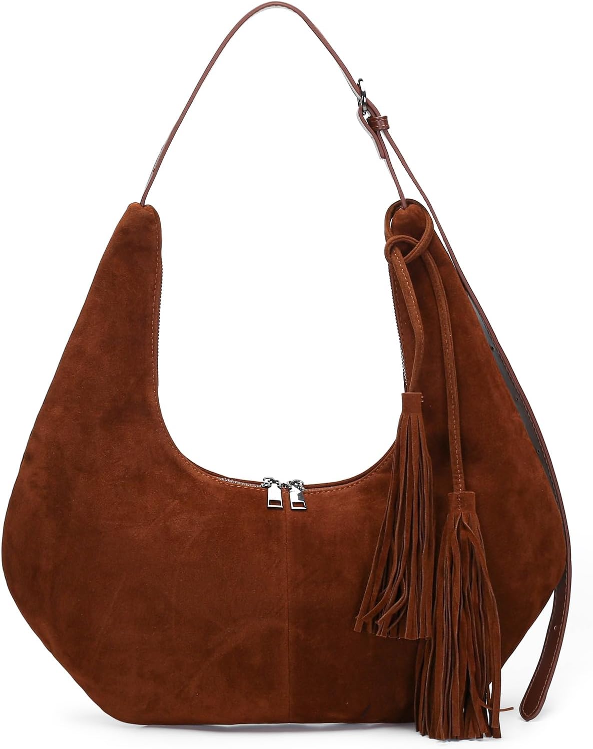 Herald Tassel Suede Hobo Shoulder Bag for Women, Retro Slouchy Crescent Crossbody Purse Handbag with Adjustable Strap