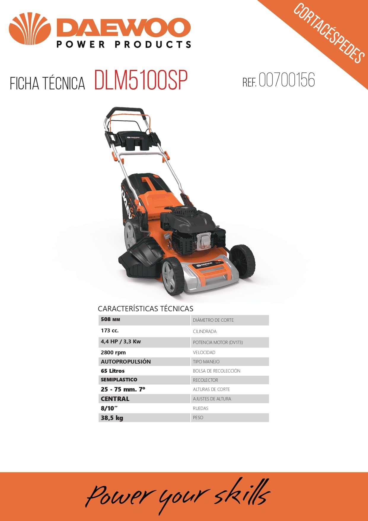 Daewoo Cortacésped Gasolina DLM5100SP – 173 CC, 3,3 kW (4,4 HP), Ancho Corte 508 mm, Autopropulsado, Bolsa 65 L, Altura Corte 25‑75 mm 700.156