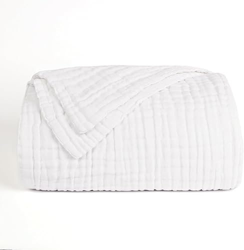 Miniatura 7 de Love's cabin Manta de muselina de algodón de 6 capas, 100 x 80 pulgadas, manta de muselina tamaño King para cama, sofá, manta de muselina blanca