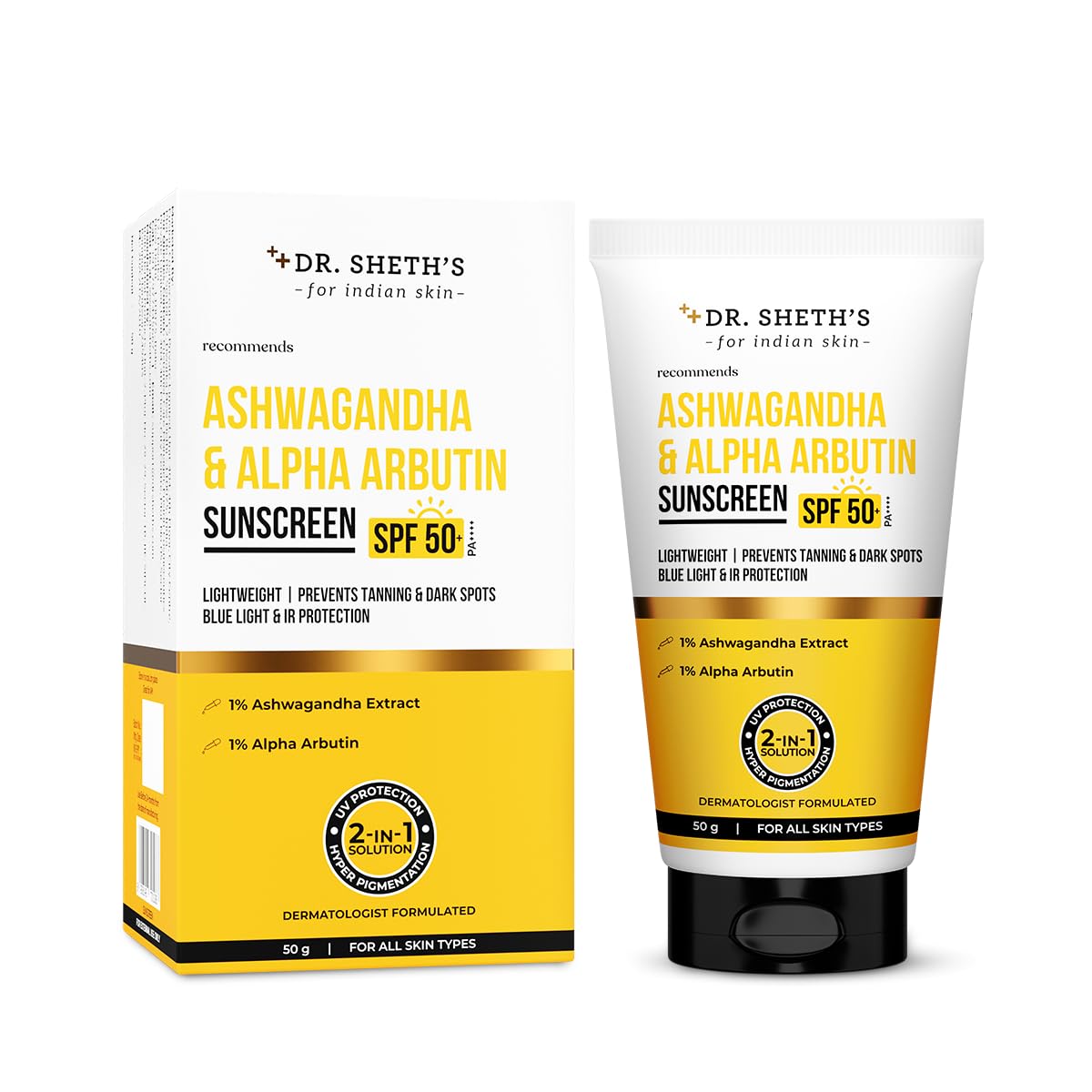 Dr. Sheth's Ashwagandha & Alpha Arbutin Sunscreen SPF 50+ PA++++ | 2 in 1 Solution for Hyper Pigmentation and UV Protection | Anti Tan & Dark Spots | 50g For All Skin Type