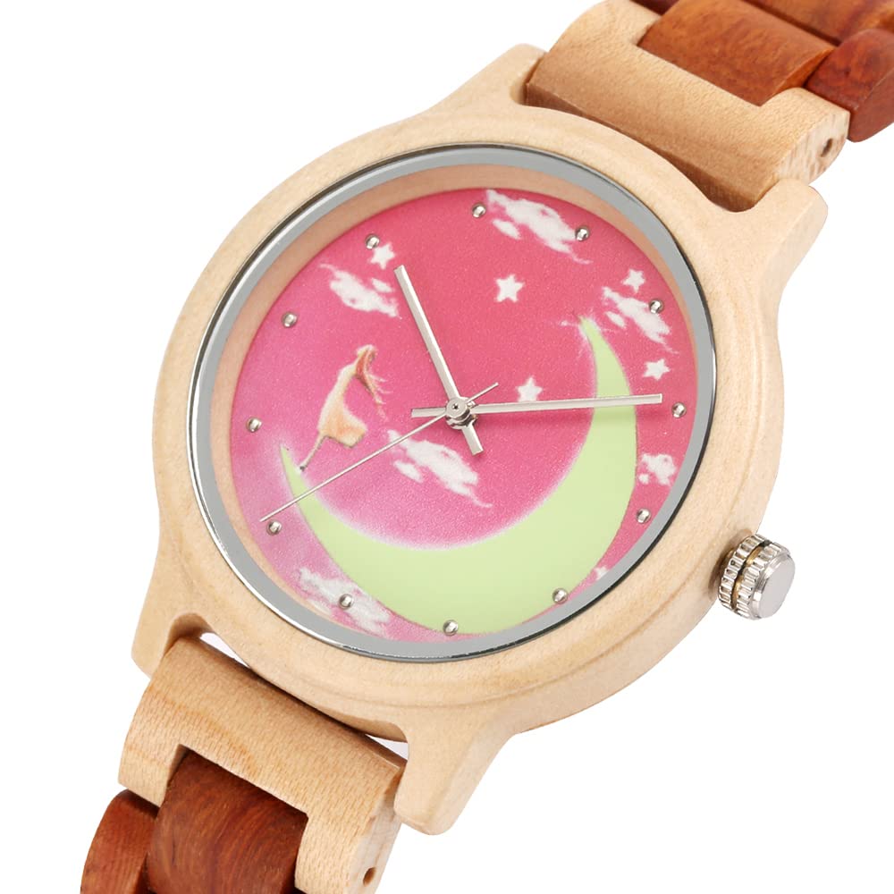 Tiong Women's Quartz Watches Luminous Moon Pink Dial Wooden Watch,Women Full Wood Band Wristwatch Fold Buckle for Ladies Watch-Moon red