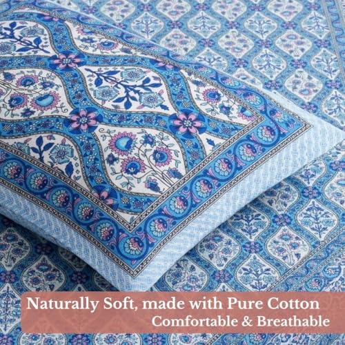 Image of Jaipur Weaves Jaipuri Double Bed Cotton Bedsheet Queen Size 90x85, 120 TC 100% Pure Cotton Bed Sheet with 2 Pillow Covers, Floral Traditional Print (Blue Jaal, Double)