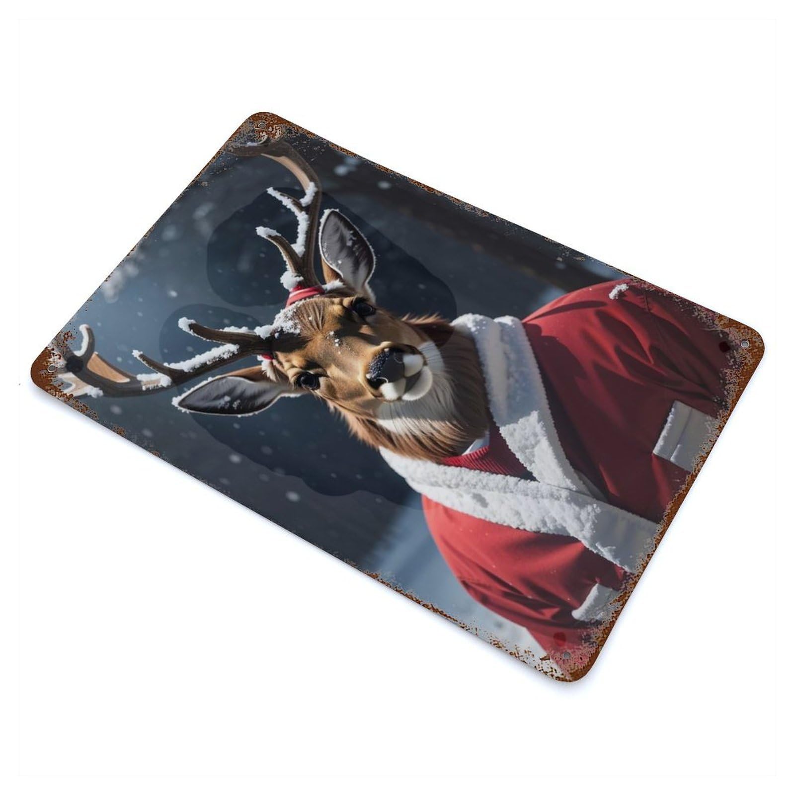 Deer Santa Xmas Vintage Wall Sign 11.8"x7.9", Rust Effect Metal Decor for Basement, Hobby Room And Garage Decor