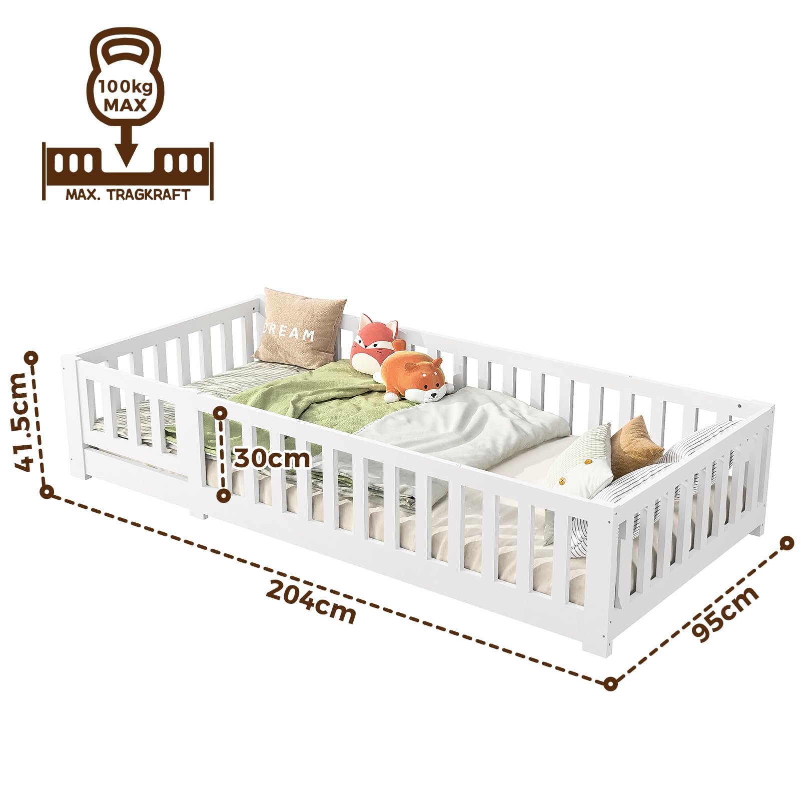 Cama infantil 90 x 200 cm con somier, marco de cama de madera con valla y puerta, cama Montessori con protección anticaídas, para niño y niña, color blanco