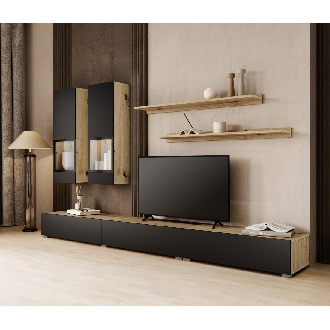 Meublorama Ensemble Meubles de Salon Ramos – Chêne et Noir Super Mat – LED Multicolores intégrées