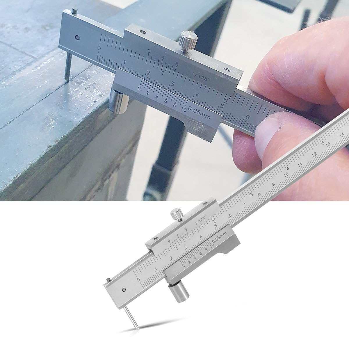 STAHLWERK Anreiß-Messschieber | Messlehre | Schieblehre 0-200 mm | 8 Inch mit Nonius und Anschlagrolle nach DIN 862 für Präzisionsmessungen