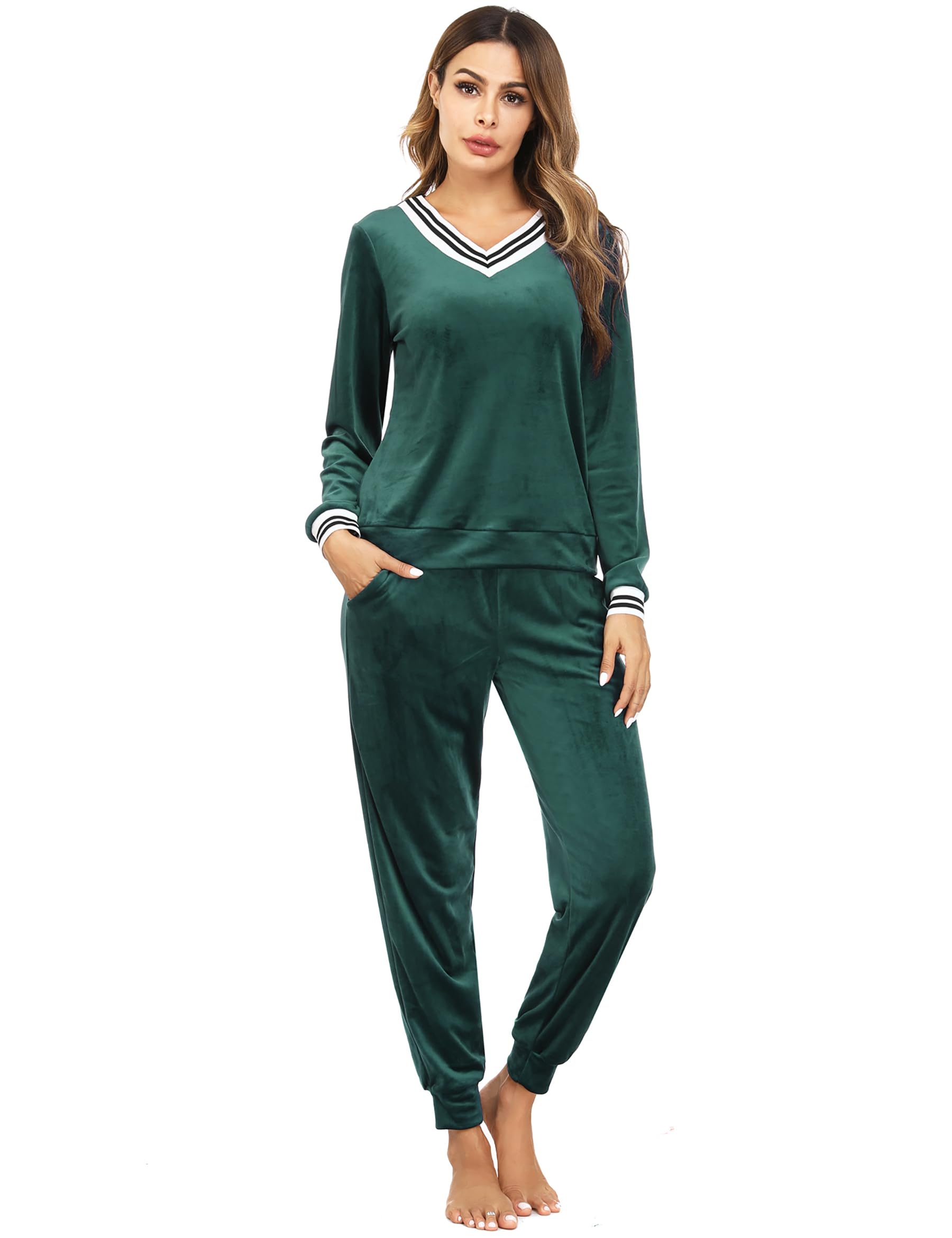 Irevial - Conjunto de sudaderas con cuello en V a rayas de terciopelo aplastado con bolsillo - verde - Medium