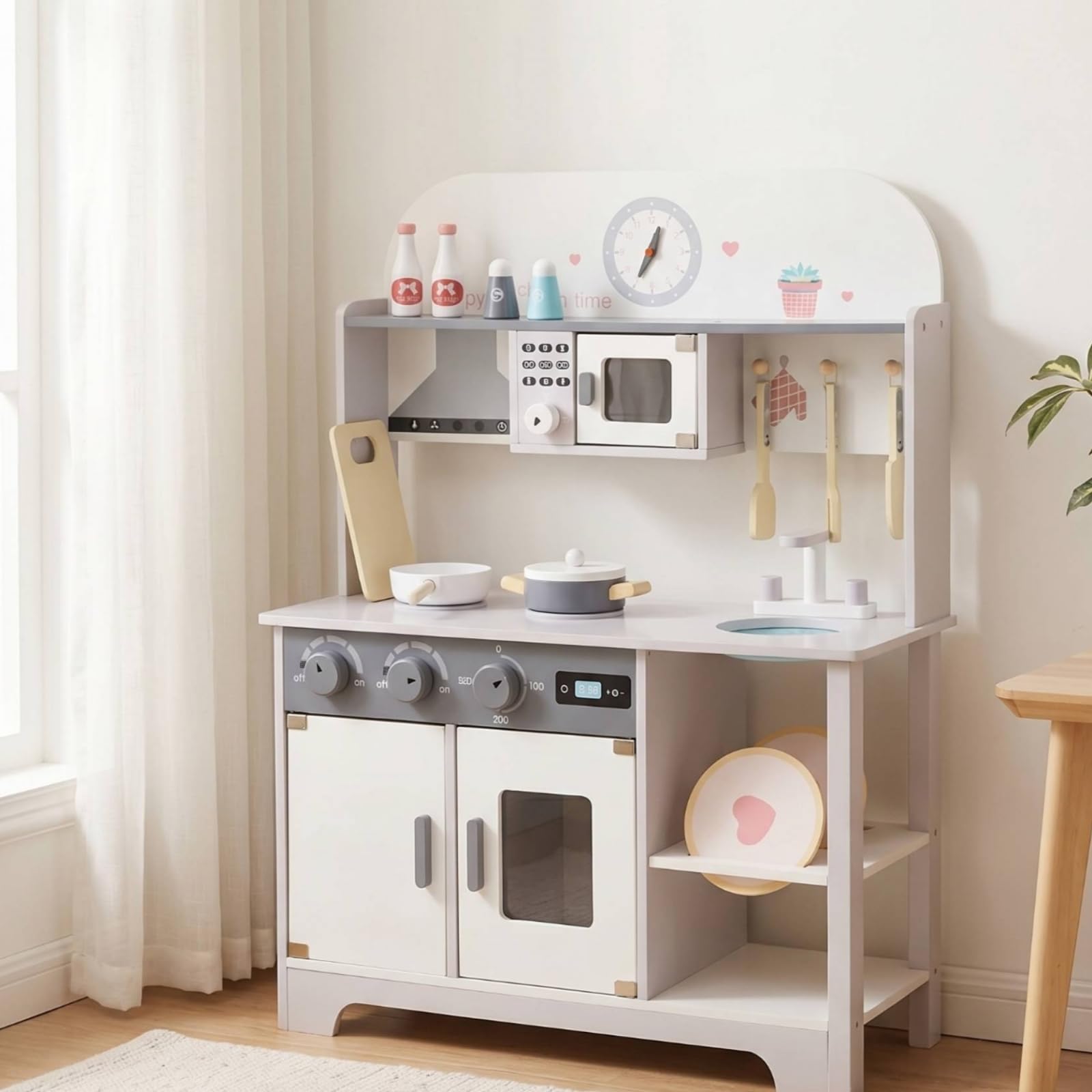 Holz-Spielküche Kompakt Freistehende Spielküche Ofenfenster Kinderküche mit Zubehör, Weißgrau