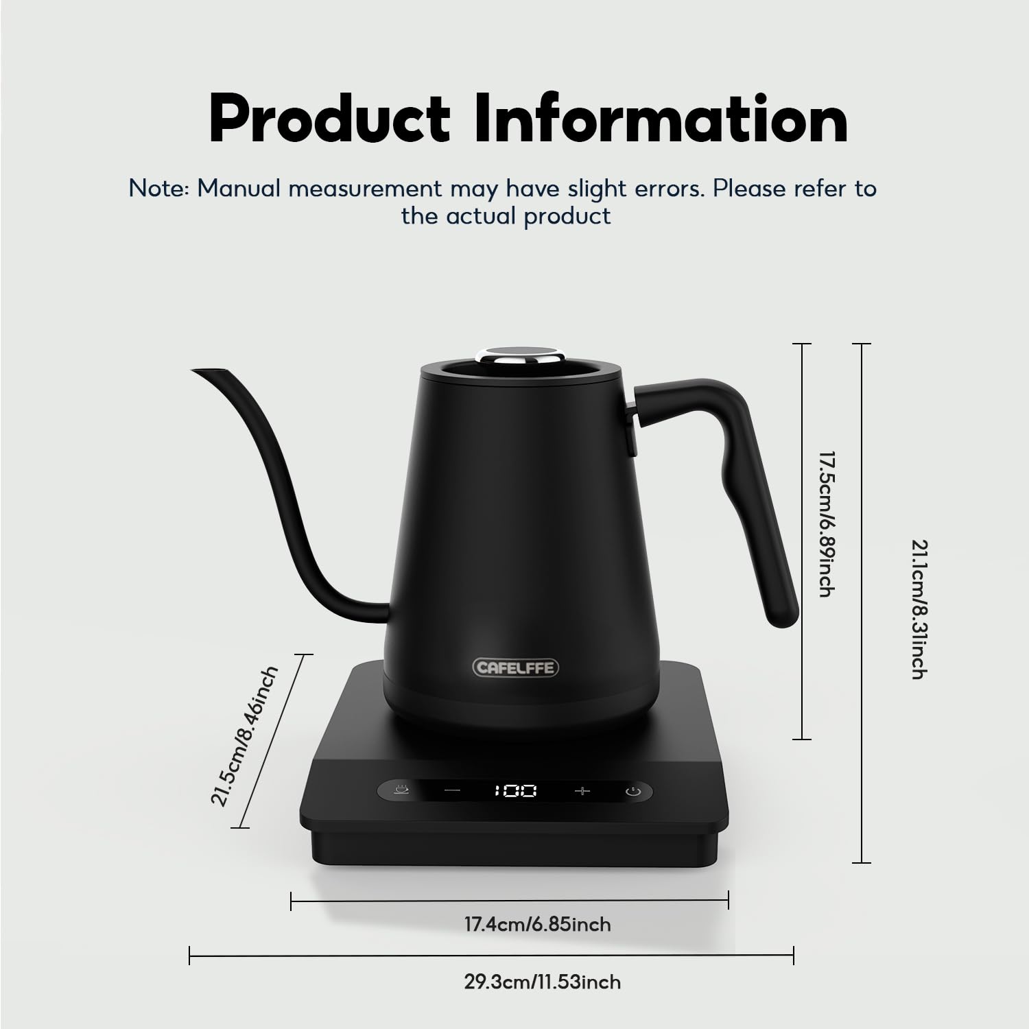 CAFELFFE Elektrischer Schwanenhals-Wasserkocher, Pour-Over-Kaffee- und Teekanne, Edelstahl-Heißwasserspender mit Temperaturregelung und Warmhaltefunktion, 0,8 l, 1500 W, Schwarz, MK-101