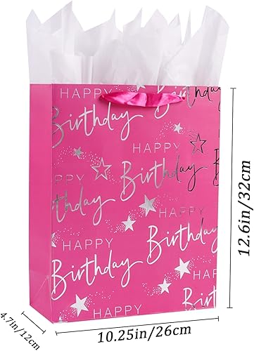 Miniatura 2 de JWSCYSY Bolsa de regalo de papel plateada metálica impresa con texto en inglés "Happy Birthday", bolsa de regalo grande para niños y niñas (12.6