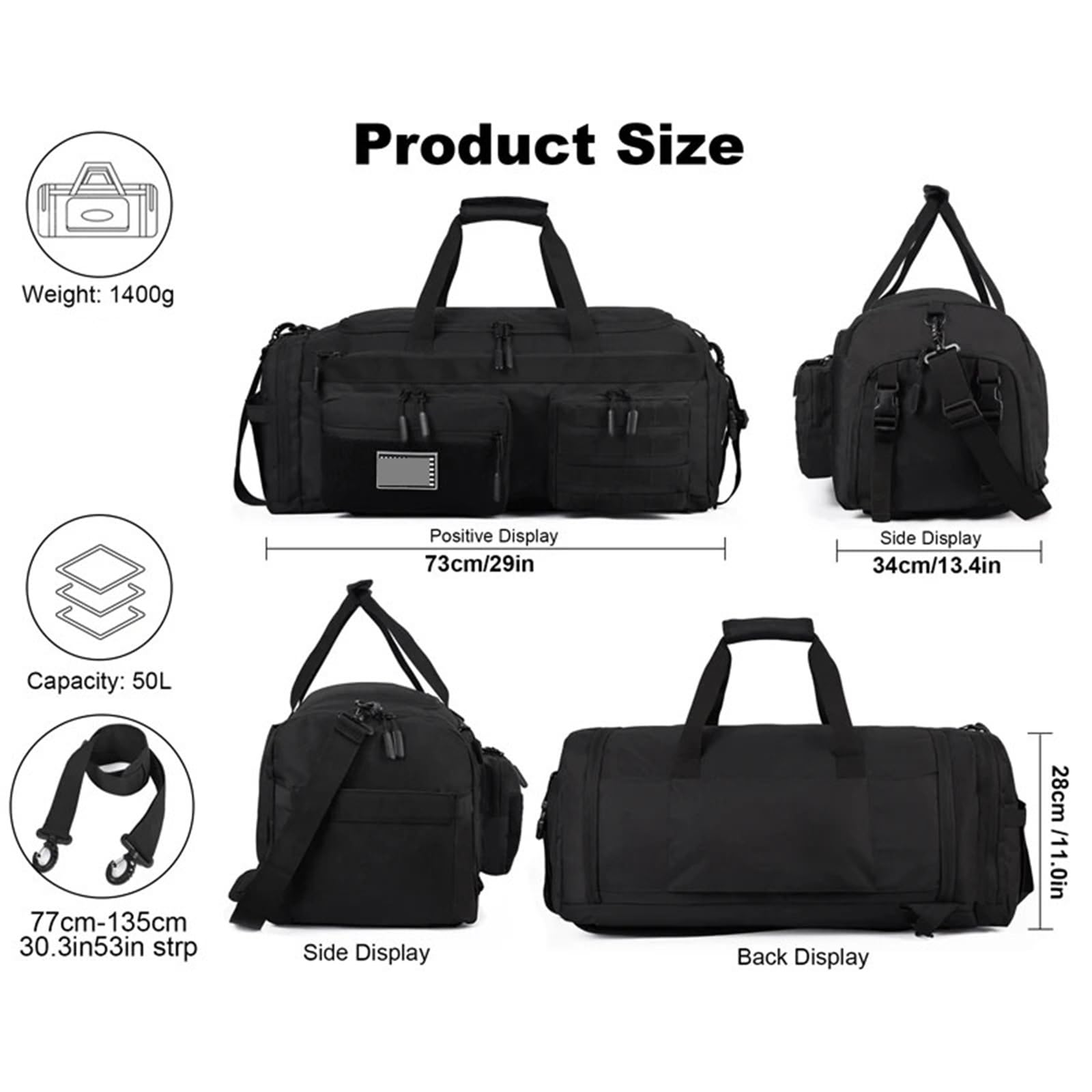 Bolsa Deporte Bolsa de Lona Viaje 3 en 1 50L for Hombre, Bolsas Deportivas Grandes for Gimnasio, Mochila con Compartimento for Zapatos y Bolsillo húmedo(Black and White)