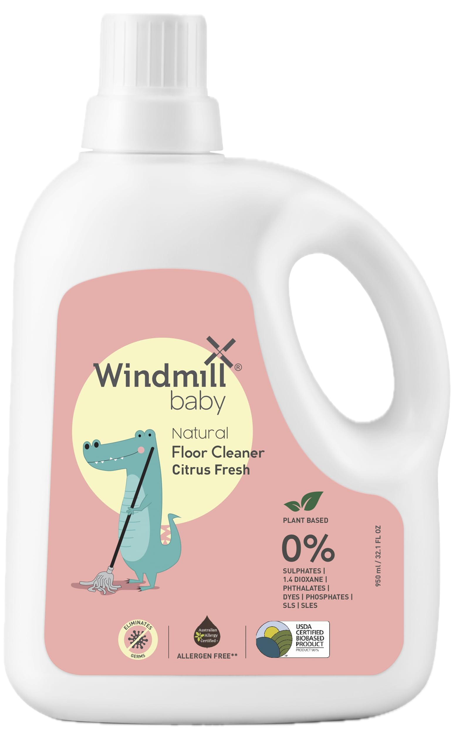 Windmill baby Natural Floor Cleaner, USDA Certified, Allergen & Alcohol Free, Baby Friendly, Pet Friendly, Citrus Fresh, For All Floor Types - 950ml