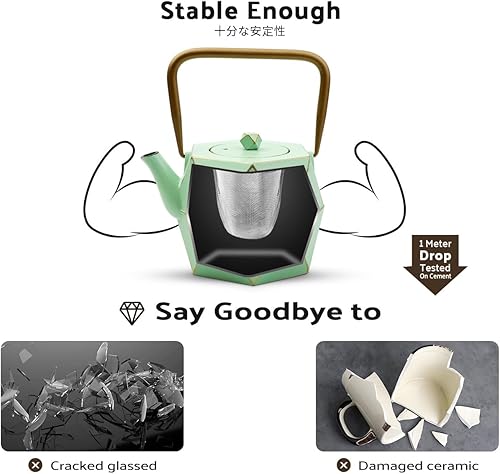 Miniatura 3 de Toptier - Tetera de hierro fundido, hervidor de té seguro para estufa japonés de hierro fundido, tetera de diseño de diamante con infusor removible