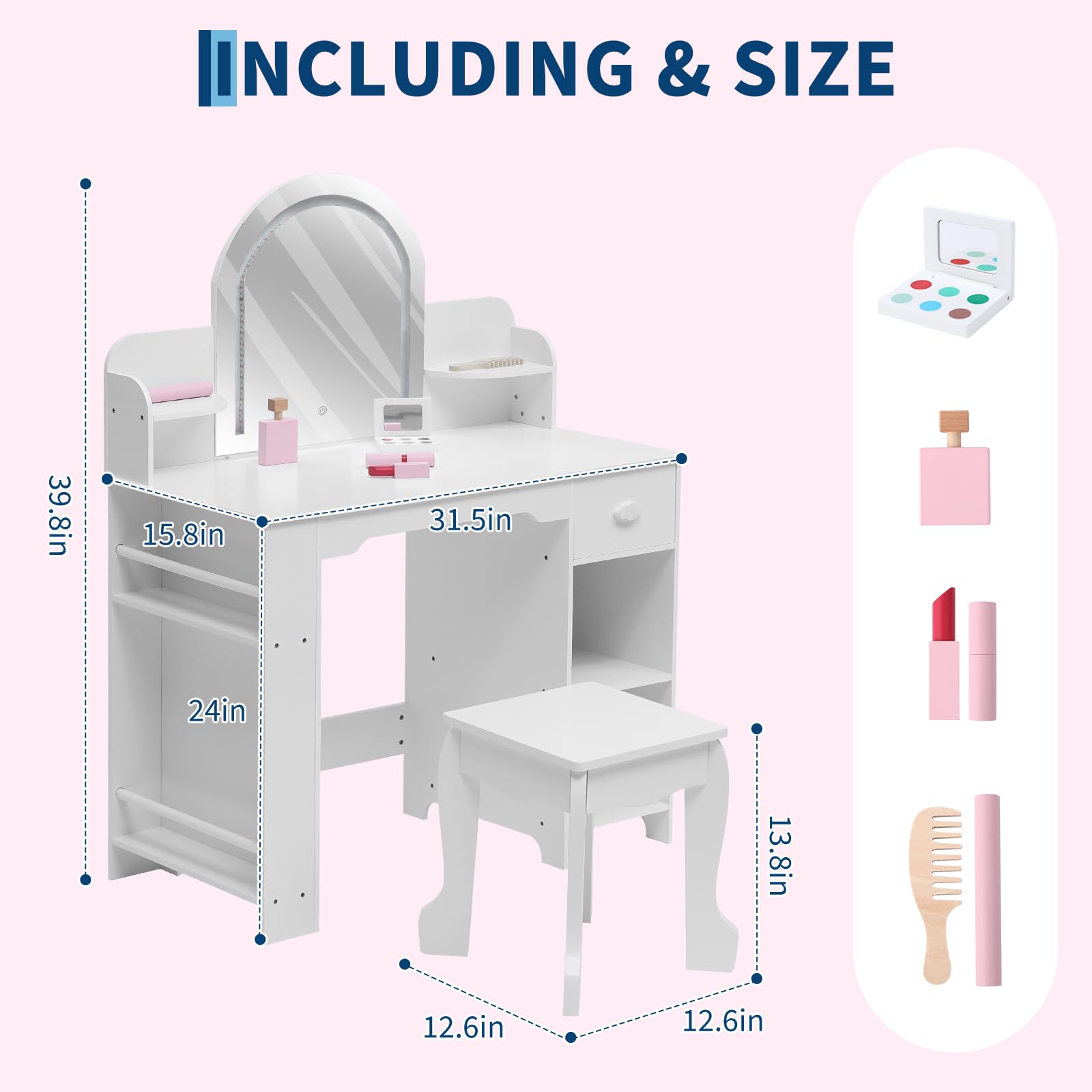 GarveeHome Kinder Schminktisch Set mit LED-Spiegel & Hocker – Holz Schminktisch für Mädchen mit Schubladen, offenen Fächern & Bücherregal – Perfekt für Kinderzimmer oder Spielzimmer – Farbe: Weiß