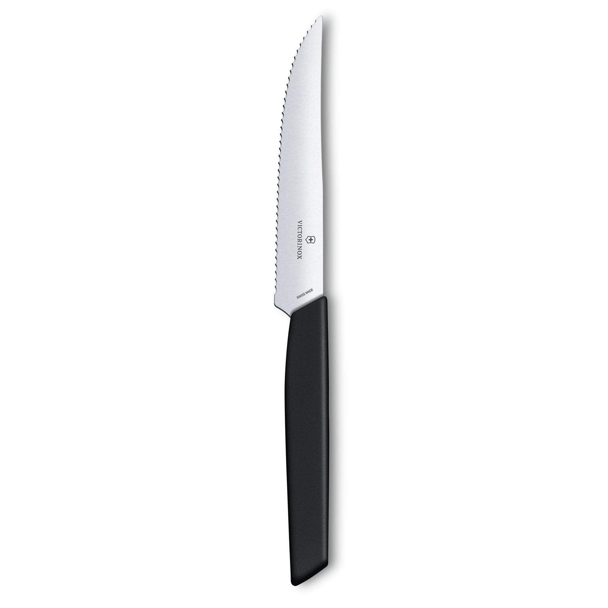 Victorinox Swiss Modern, juego de cuchillos profesionales para carne, 2 piezas, hoja extra afilada, filo dentado, 12 cm, acero inoxidable, negro