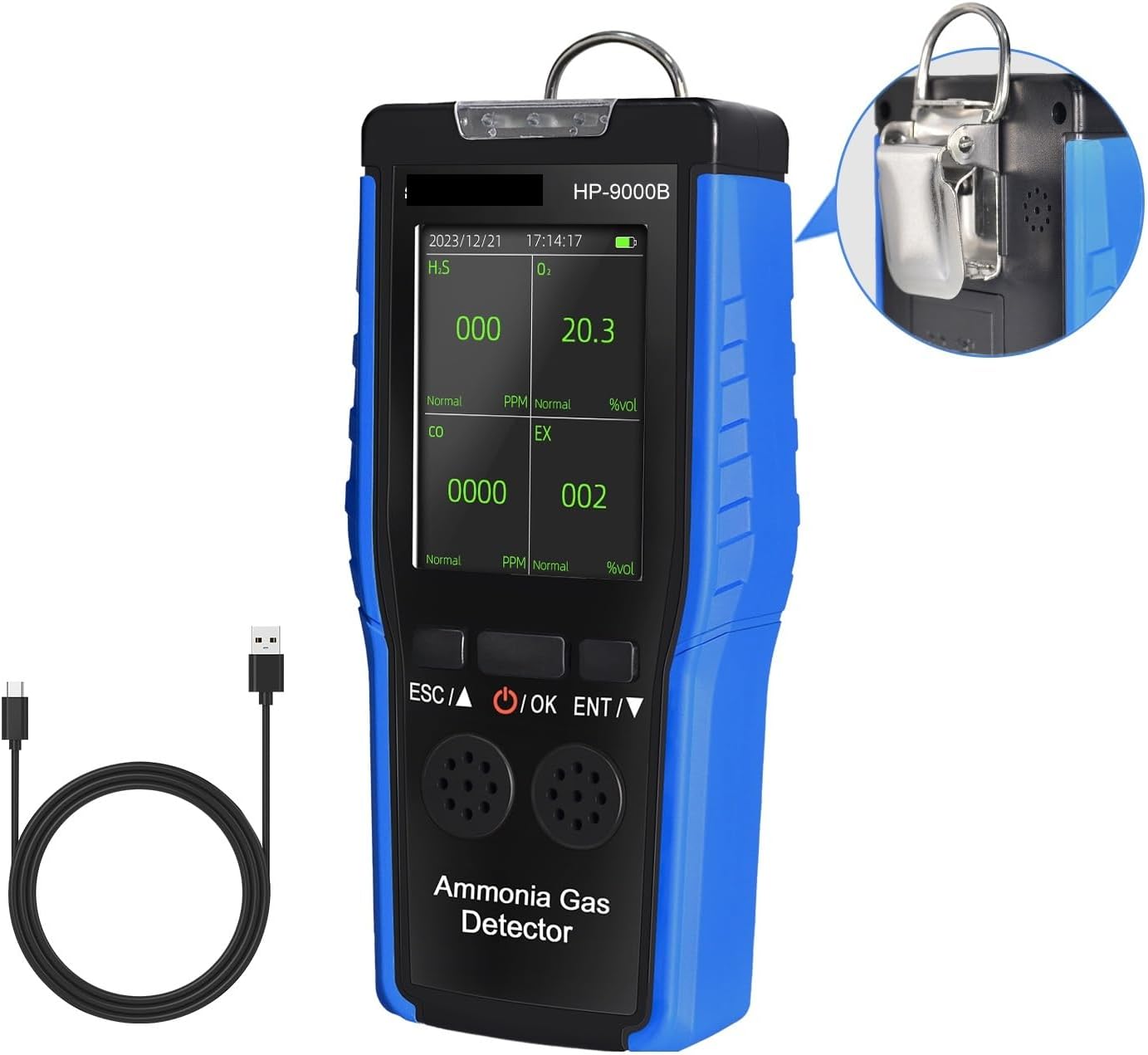 0～100ppmの範囲、充電式バッテリー、音/光アラーム、農場/研究室用データロギング機能を備えたポータブルアンモニアガスモニター