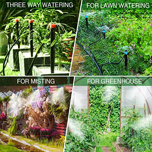 king do way 82Ft/25M Drip Irrigation Kits Garden Watering System with Y Valve,20 Misting Nozzles 10 Drip Emitters 10 Dripper DIY Mist Cooling Irrigation System for Greenhouse, Patio, Lawn