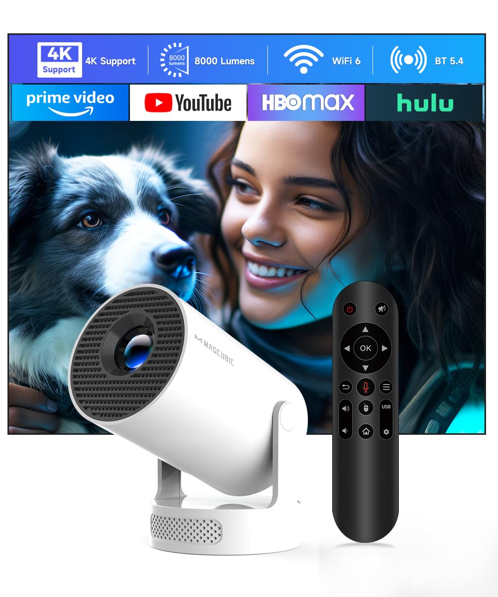 Magcubic Proyector, Mini Portátil Proyector 4K Supote con WiFi 6 BT 5.4, Rotación de 180°, Proyectores de Video doméstico Android projetor, Remoto por Voz, Altavoz Soundbass 5W Certificado ClimatePartner
