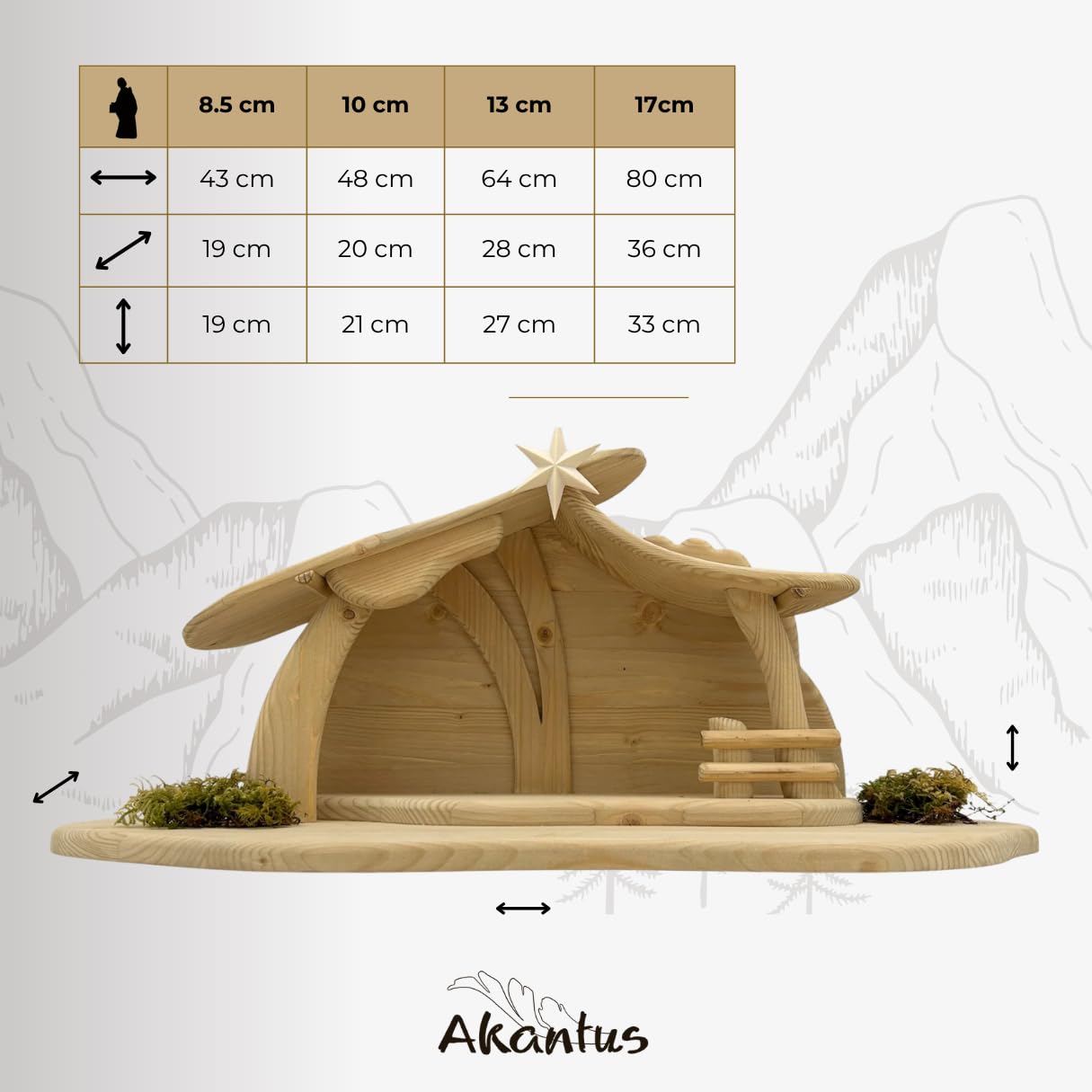 Akantus Weihnachtskrippe aus Holz: HL. Familie Natur mit Krippenstall (Natur, 13 cm)
