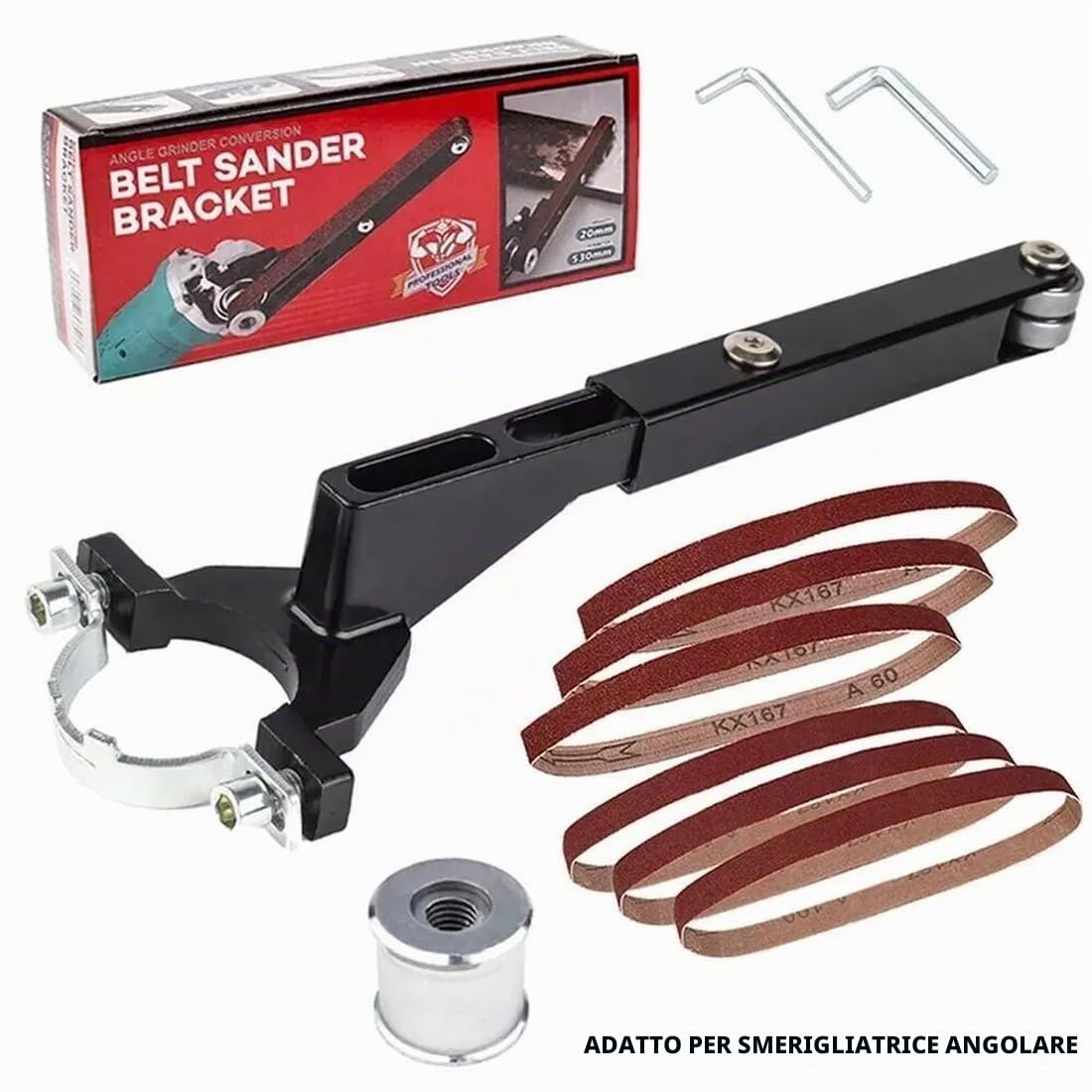 Mini smerigliatrice con 6 cinghie abrasive (60/120 ogni 3 pezzi), lucidatrice multifunzione senza fili, mini levigatrice fai da te per smerigliatrici angolari elettriche da 100/115/125 mm